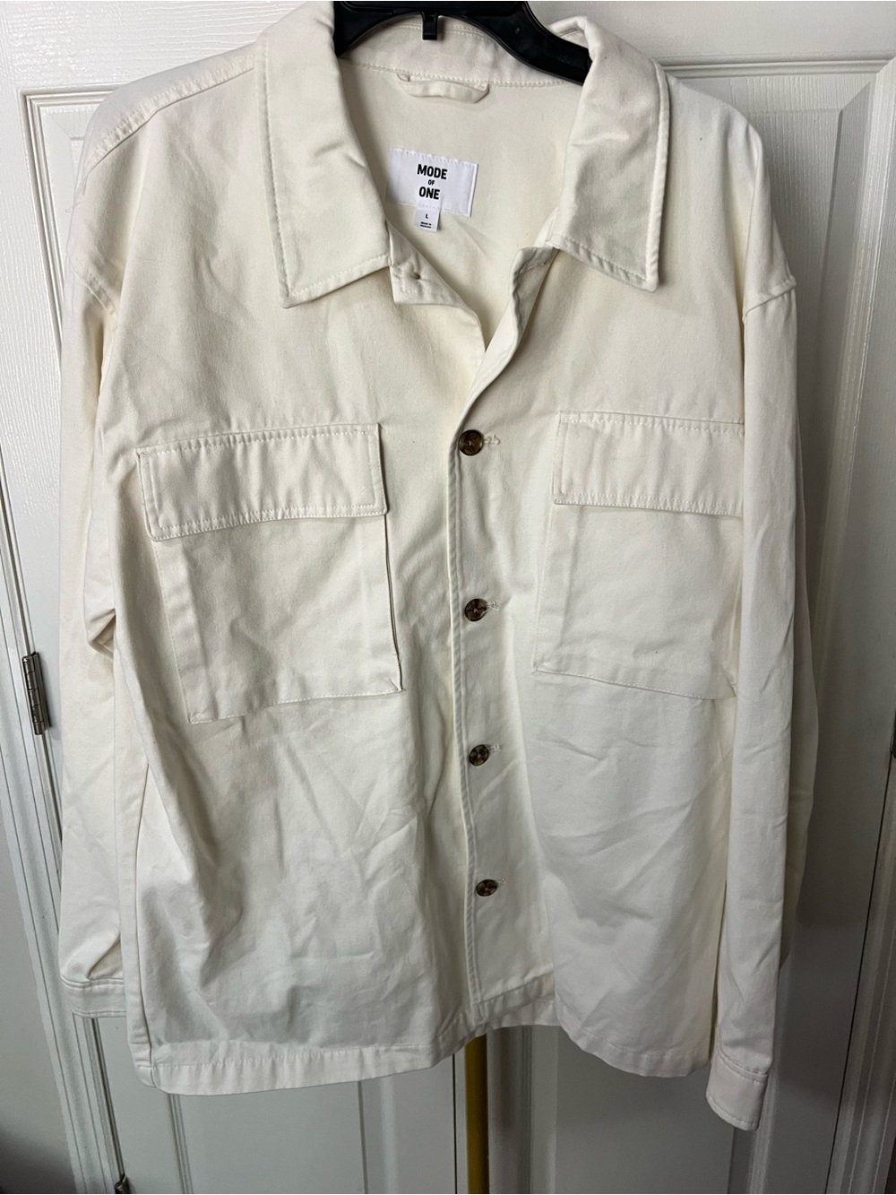 Mode of One Ivory Utility Button-Front Double Breasted Pockets Shirt Jacket